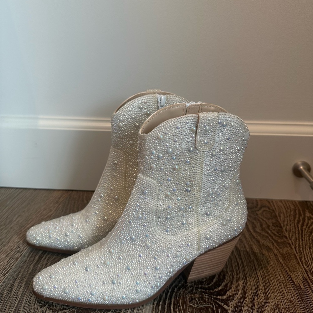 Betsey Johnson White Embellished Ankle Boots